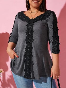 V Neck Crochet Lace Trim Plus Size Top