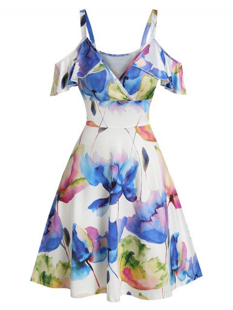 Summer Flower Printed Cold Shoulder High Waist A line Mini Dress