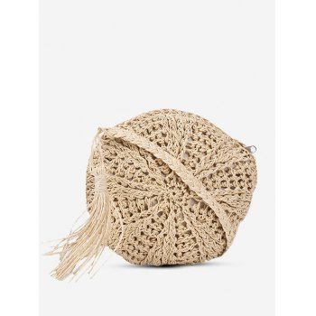 

Straw Crochet Tassel Circular Crossbody Bag, Beige