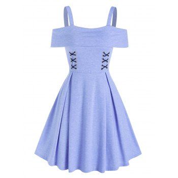 

Vacation Crisscross Cold Shoulder Fold Over Heather Flare A Line Dress, Light blue