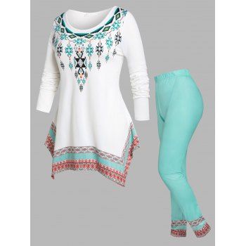 

Plus Size Tribal Print Handkerchief Tee and Pants Pajamas Set, Light green