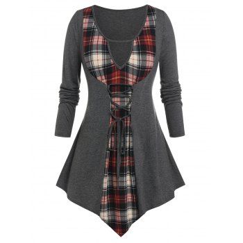 

Plus Size Plaid Lace Up Long Sleeve Keyhole Tee, Gray