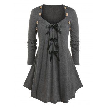 

Plus Size Bowknot Buttons T Shirt, Gray