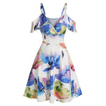 

Summer Flower Printed Cold Shoulder High Waist A line Mini Dress, Multicolor a