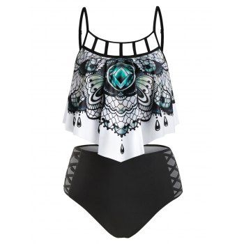 

Bohemian Swimsuit Abstract Butterfly Cutout Gothic Bathing Suit Tummy Control Tankini Swimwear, Black