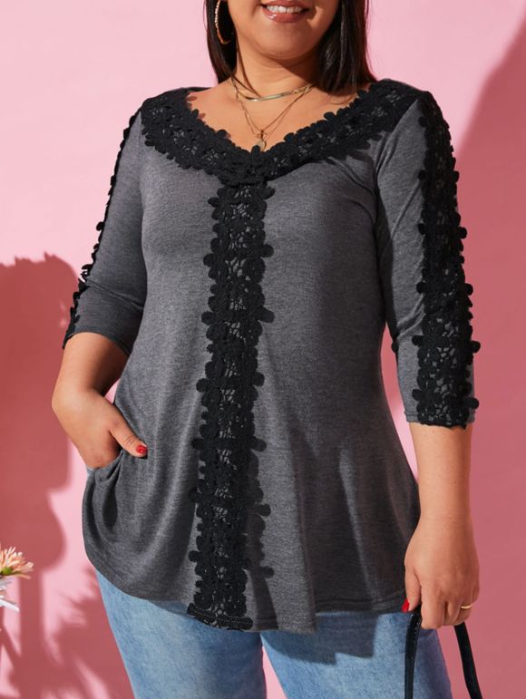 Haut Grande Taille à Col en V et à Garniture en Crochet - Gris 2X