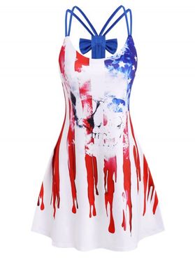 Patriotic American Flag Skull Print Bowknot Tank Dress