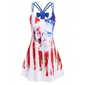 

Patriotic American Flag Skull Print Bowknot Tank Dress, Multicolor