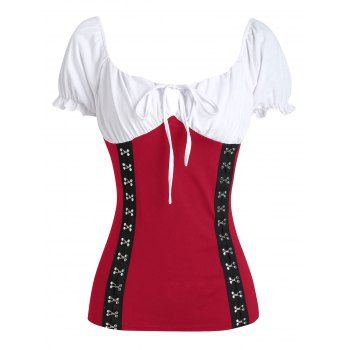

Hook and Eye Ruffle Puff Sleeve Keyhole T Shirt, Red