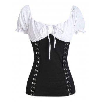 

Hook and Eye Ruffle Puff Sleeve Keyhole T Shirt, Black