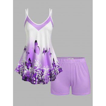 

Plus Size Butterfly Floral Print Shorts Pajamas Set, Light purple