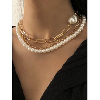 

Triple Layer Faux Pearl Chain Necklace, Golden