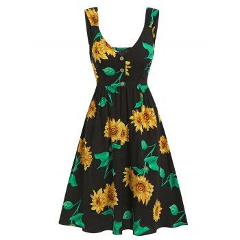Vacation Sleeveless Leaf Sunflower Print Half Button A Line Dress