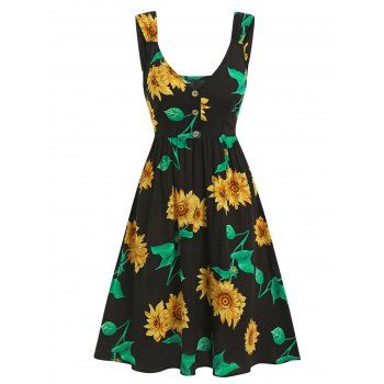 

Vacation Sleeveless Leaf Sunflower Print Half Button A Line Dress, Black