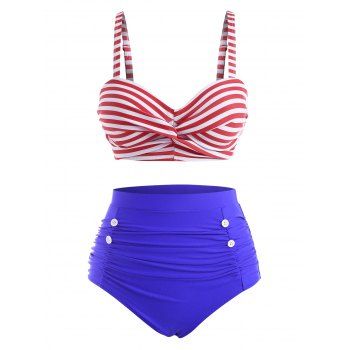 

Tummy Control Swimsuit Twisted High Waisted Sailor-style Stripes Bikini Swimwear, Blue