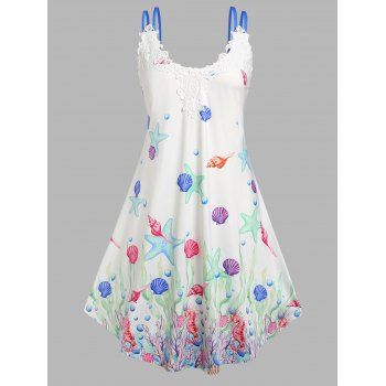 

Plus Size Marine Life Shell Print Applique Panel Dress, White