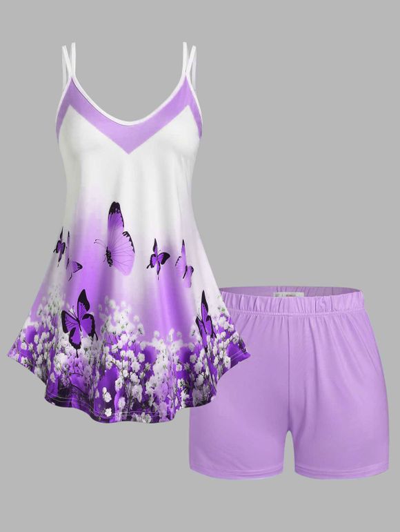 Ensemble de Pyjama Short à Imprimé Papillons et Fleurs Grande-Taille - Violet clair 4X