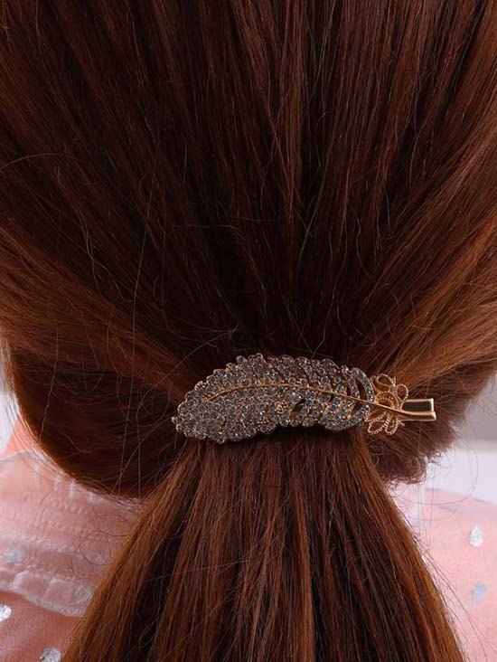 Pince à Cheveux en Forme de Plume en Strass - d'or 
