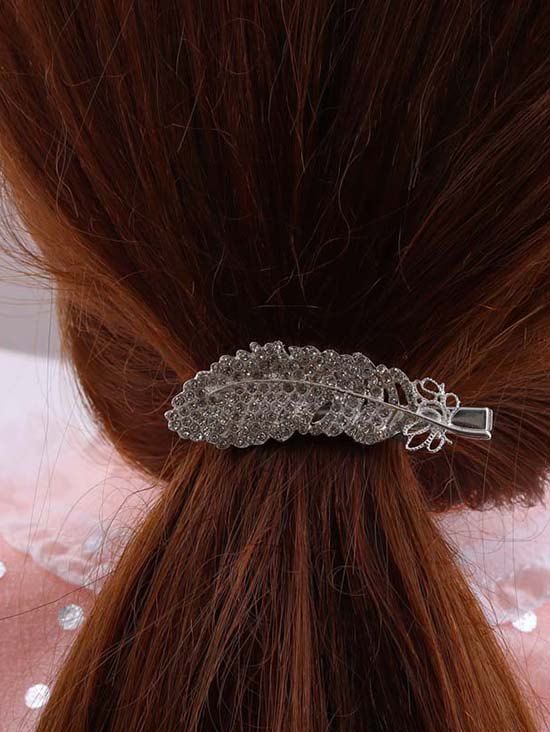 Pince à Cheveux en Forme de Plume en Strass - Argent 