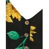 Vacation Sleeveless Leaf Sunflower Print Half Button A Line Dress - BLACK XL