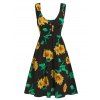 Vacation Sleeveless Leaf Sunflower Print Half Button A Line Dress - BLACK XL