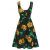Robe en Ligne A à Imprimé Tournesol Demi-Bouton sans Manches de Vacance - Noir XXL