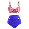 Tummy Control Bikini Swimsuit Striped Print Twisted High Waisted Sailor-style Ruched Beach Swimwear - BLUE L