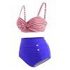 Tummy Control Bikini Swimsuit Striped Print Twisted High Waisted Sailor-style Ruched Beach Swimwear - BLUE S