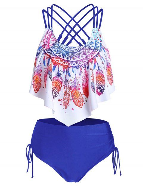 Bohemian Tankini Swimsuit Feather Floral Print Bathing Suit Crisscross Cinched Beach Swimwear