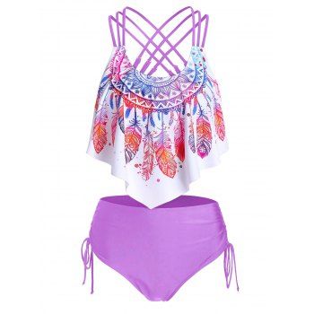 Bohemian Swimsuit Feather Floral Print Crisscross Cinched Tankini Swimwear