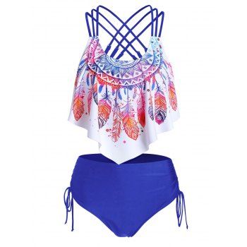 

Bohemian Tankini Swimsuit Feather Floral Print Bathing Suit Crisscross Cinched Beach Swimwear, Ocean blue