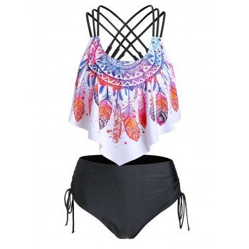 

Bohemian Swimsuit Feather Floral Print Crisscross Cinched Tankini Swimwear, Multicolor a