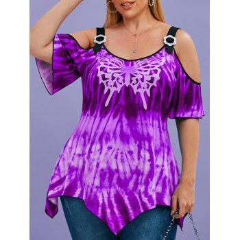 

Tie Dye Butterfly Open Shoulder Handkerchief Plus Size Top, Purple