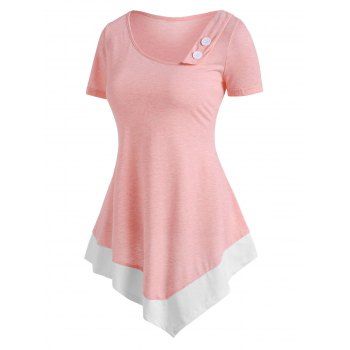 

Colorblock Mock Button Asymmetric T Shirt, Light pink