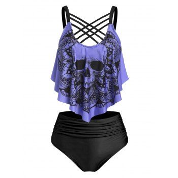 

Gothic Swimsuit Skull Flower Print Crisscross Tummy Control Tankini Swimwear, Purple