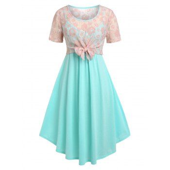 

Plus Size Bowknot Lace Top and Midi Cami Dress Set, Light green
