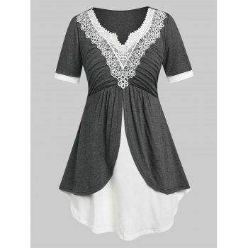 

Plus Size Lace Panel Ruched Layered Tee, Gray