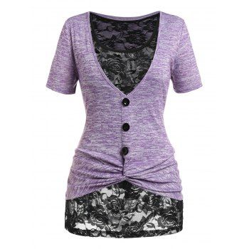 

Plus Size Space Dye Twist Tee and Lace Tank Top Set, Light purple