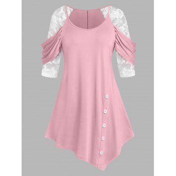 

Plus Size Cowl Sleeve Lace Panel Irregular Tee, Light pink