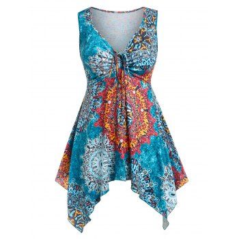 

Plus Size Cinch Tie Flower Handkerchief Tank Top, Blue