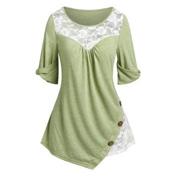 

Flower Lace Insert Mock Button Asymmetrical T-shirt, Light green