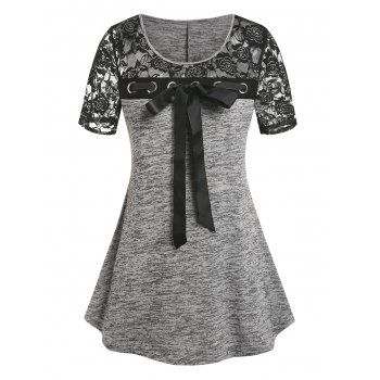 

Plus Size Lace Panel Space Dye Bowknot Tee, Light gray