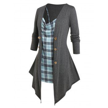 Plus Size Draped Long Sleeve Top and Plaid Top Set