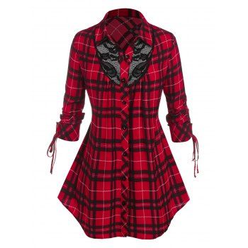 

Plus Size Plaid Lace Insert Button Up Cinched Blouse, Red