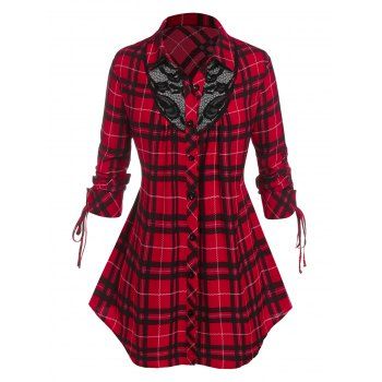 

Plus Size Plaid Lace Insert Button Up Cinched Blouse, Red
