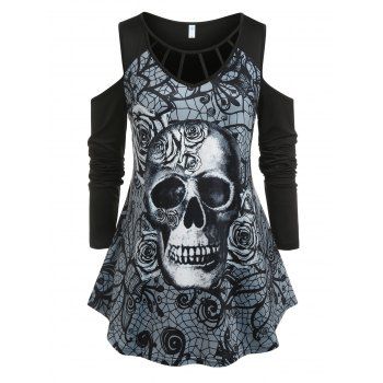 

Plus Size Rose Skull Print Cold Shoulder Gothic Tee, Black