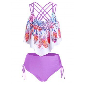 

Bohemian Tankini Swimsuit Feather Floral Print Bathing Suit Crisscross Cinched Beach Swimwear, Heliotrope purple