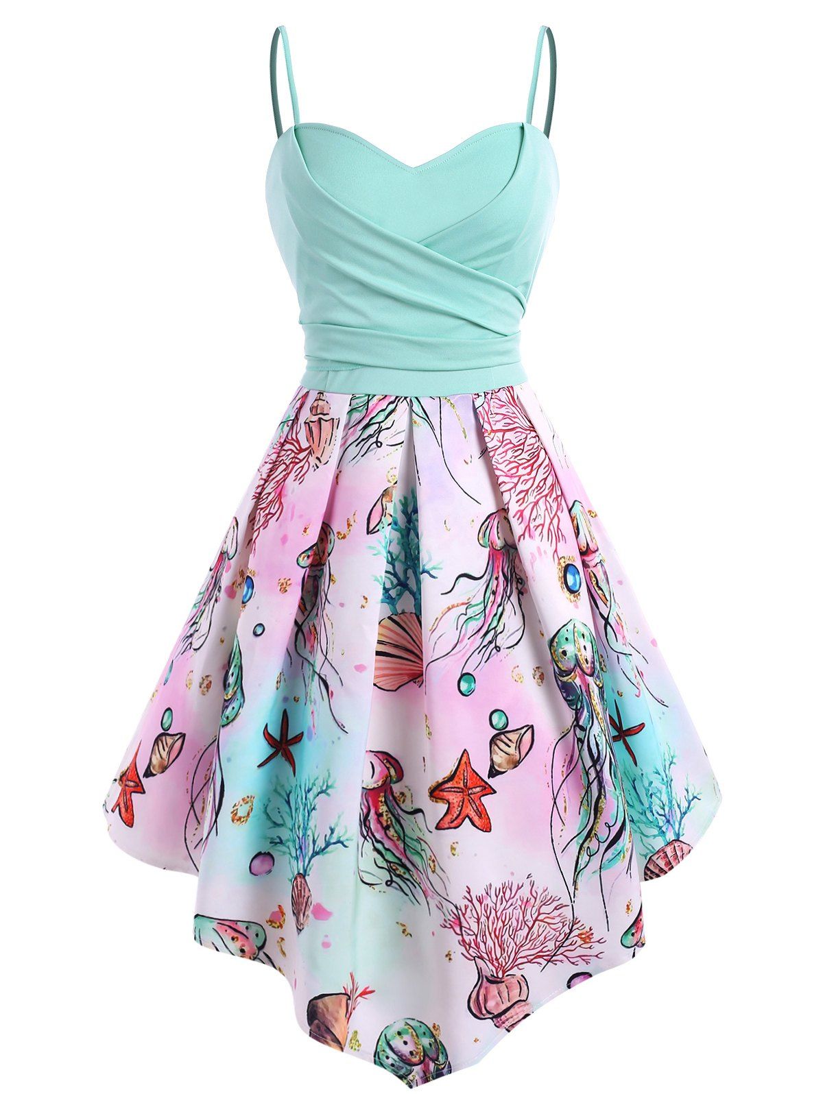 Summer Galaxy Marine Print Criss Cross Asymmetrical Dress - multicolor L