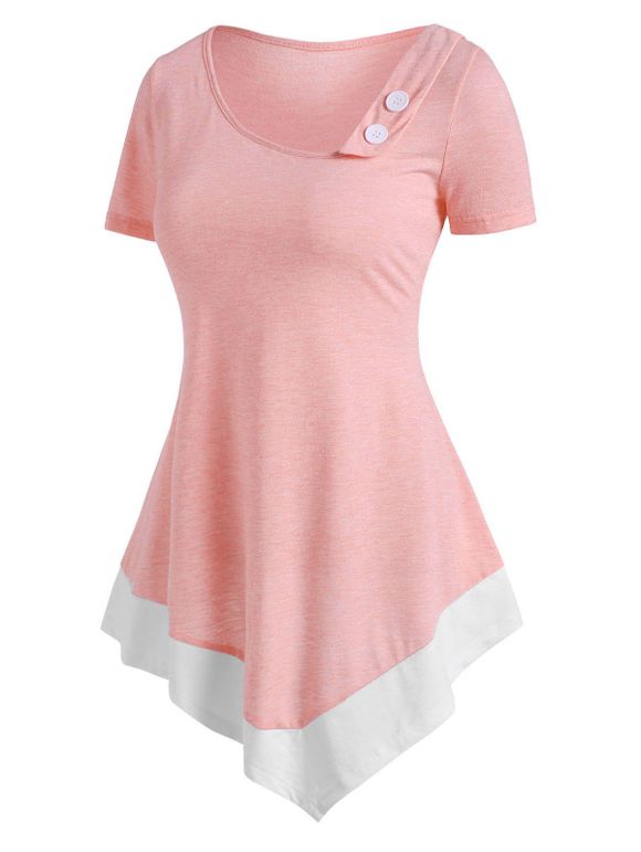 T-shirt Asymétrique en Blocs de Couleurs avec Bouton - Rose clair XL