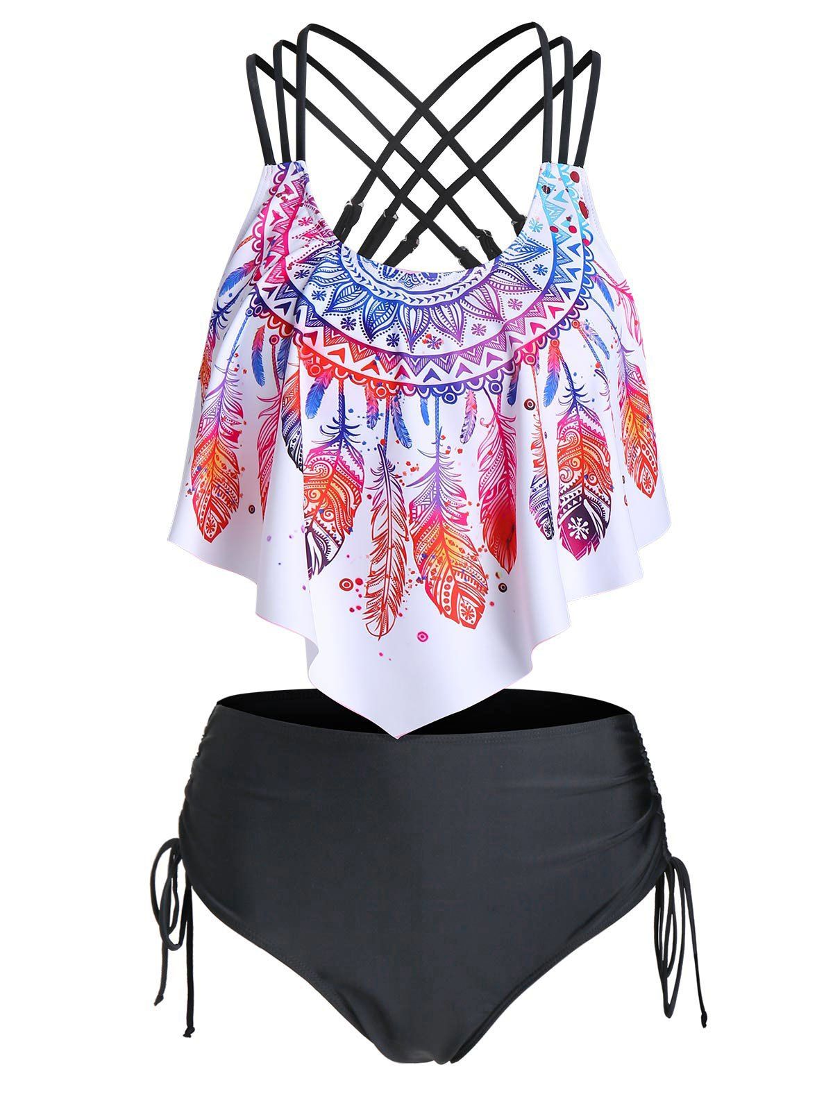 Bohemian Tankini Swimsuit Feather Floral Print Bathing Suit Crisscross Cinched Beach Swimwear - multicolor A 3XL